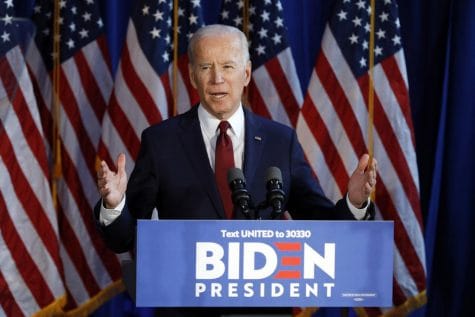 Democratic presidential nominee Joe Biden gestures during a foreign policy statement in New York.