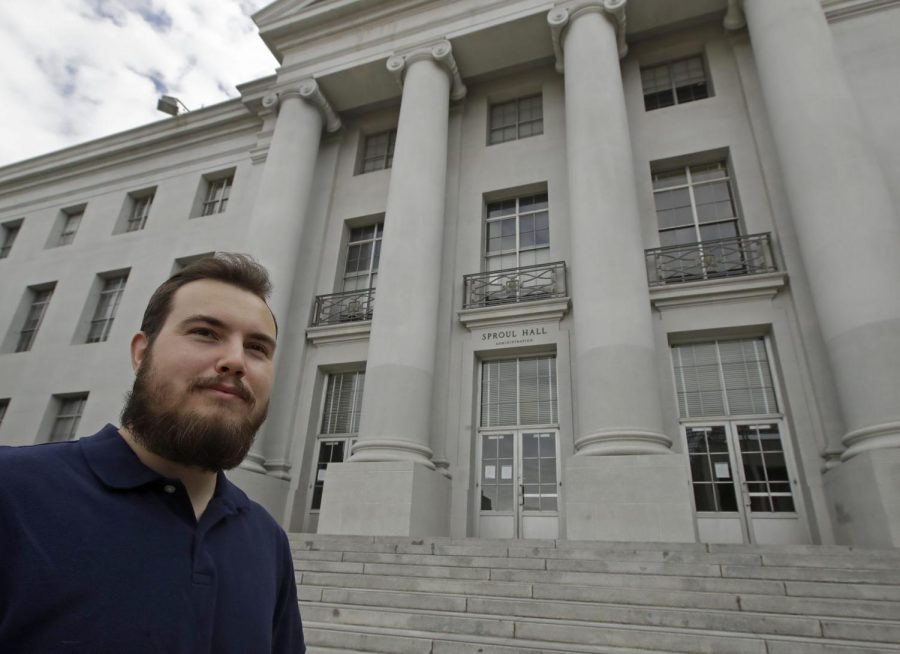 University of California at Berkeley graduate Tyler Lyson stands in front of Sproul Hall on the closed Cal campus in Berkeley, Calif., on Monday, May 11, 2020. Lyson watched his parents’ financial collapse in the Great Recession, a decade ago. He vowed he’d find the security they never had: He would get a college degree.