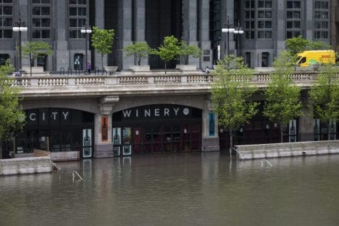 The Chicago River overflowed its banks and flooded the Riverwalk after overnight showers and thunderstorms across the city Monday, May 18, 2020 in Chicago.