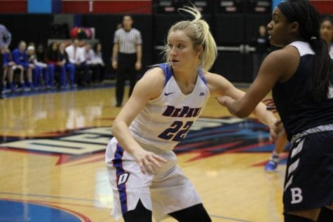 Former DePaul guard Brooke Schulte guards a Butler player on January 14, 2017.