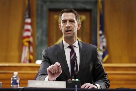 In this May 5, 2020, file photo Sen. Tom Cotton, R-Ark., speaks during a Senate Intelligence Committee nomination hearing for Rep. John Ratcliffe, R-Texas, on Capitol Hill in Washington. Cotton has risen to the ranks of potential 2024 Republican presidential contenders by making all the right enemies. Now, the Arkansas lawmaker is making more by lining up behind President Donald Trump’s law and order recipe for controlling civic unrest.