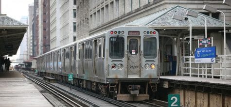A Red Line train stopped at Randolph in The Loop.