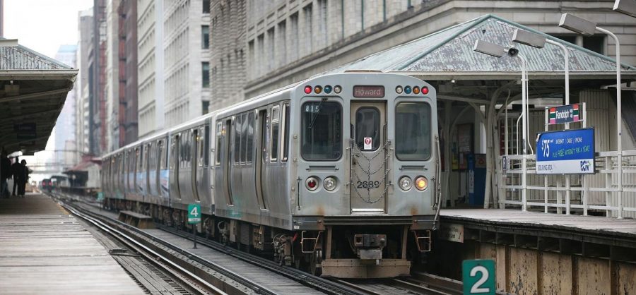 A Red Line train stopped at Randolph in The Loop. 