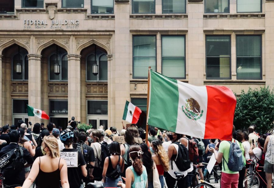 A protester raises the Flag of Mexico/ / Un manifestante alza la bandera de México 