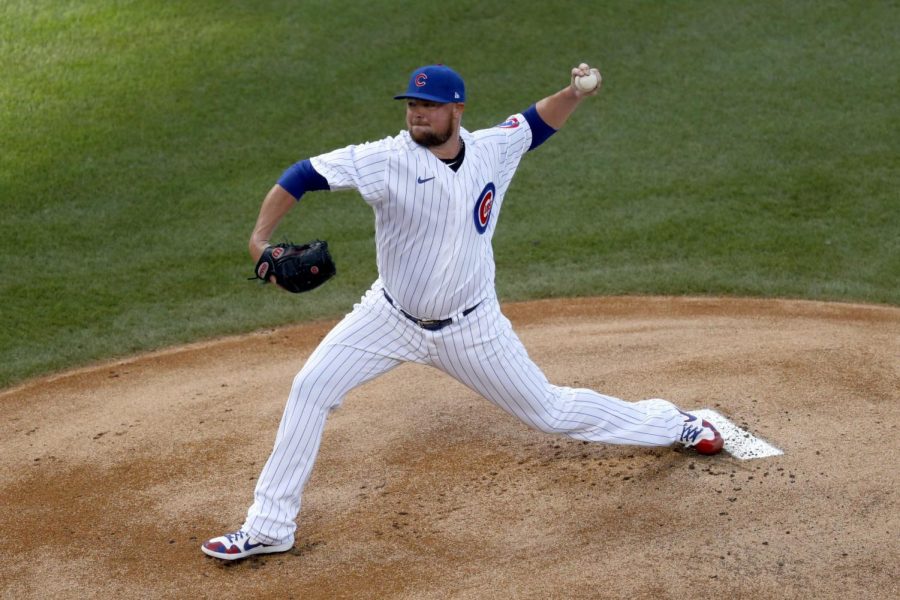 Chicago Cubs starting pitcher Jon Lester delivers during the first inning of a summer camp baseball game against the Minnesota Twins Wednesday, July 22, 2020, in Chicago.