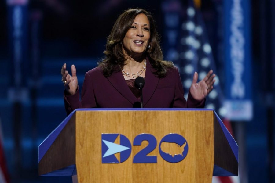 Vice presidential running mate, Senator Kamala Harris, D-California, speaks on the third day of the Democratic National Convention at the Chase Center in Wilmington,Delaware. Carolyn Kaster | AP Photo. 
