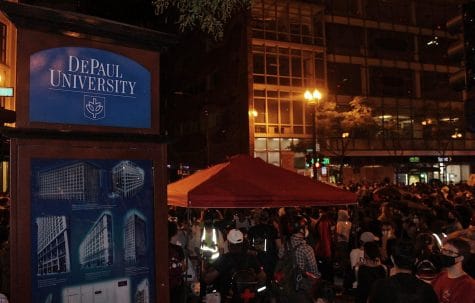Protesters gather near DePaul University's Loop Campus August 1 for the Solidarity Street: Abolish CPD Block Party.