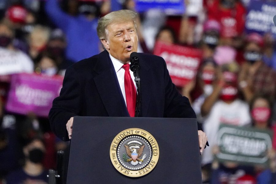 President Donald Trump speaks at a campaign rally, Saturday, Sept. 19, 2020 at the Fayetteville Regional Airport in Fayetteville, N.C. (AP Photo/Chris Carlson)