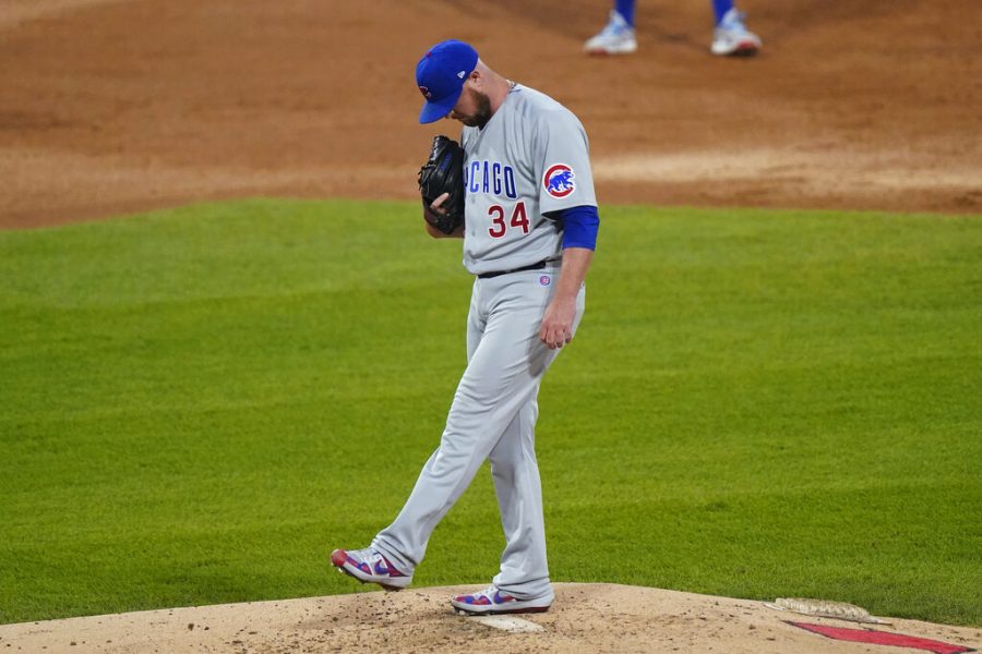 Chicago Cubs starting pitcher Jon Lester kicks the mound after Chicago White Soxs James McCann hit a solo home run during the second inning of a baseball game in Chicago, Saturday, Sept. 26, 2020. (AP Photo/Nam Y. Huh)