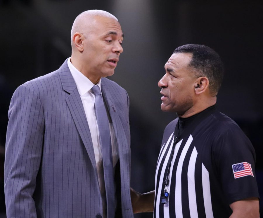 DePaul men’s basketball head coach Dave Leitao talks to a referee during the Blue Demons’ game against Georgetown on Feb. 8 at Wintrust Arena. 