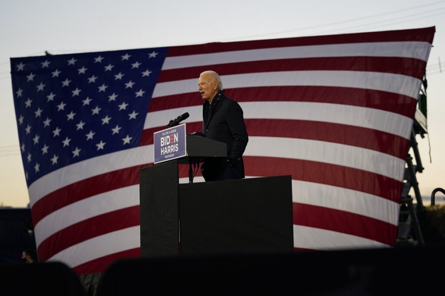 Democratic presidential candidate former Vice President Joe Biden speaks at Michigan State Fairgrounds in Novi, Mich., Friday, Oct. 16, 2020. (AP Photo/Carolyn Kaster)