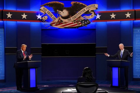 President Donald Trump and Democratic presidential candidate former Vice President Joe Biden participate in the final presidential debate at Belmont University, Thursday, Oct. 22, 2020, in Nashville, Tenn. (AP Photo/Patrick Semansky)