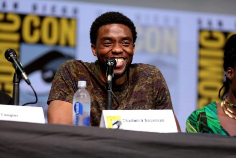 hadwick Boseman speaking at the 2017 San Diego Comic-Con International, for “Black Panther”, at the San Diego Convention.