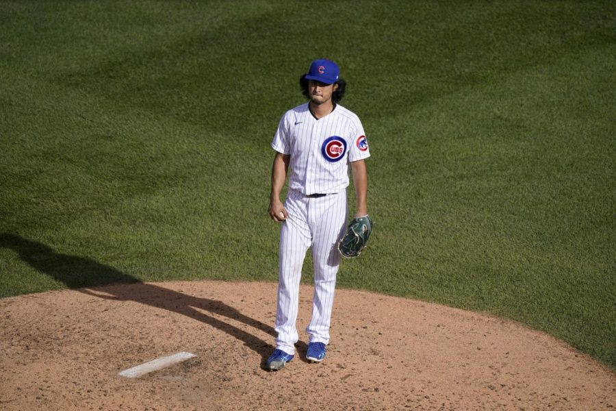  Chicago Cubs starting pitcher Yu Darvish waits on the mound after being removed during the seventh inning of Game 2 against the Miami Marlins on Friday.
