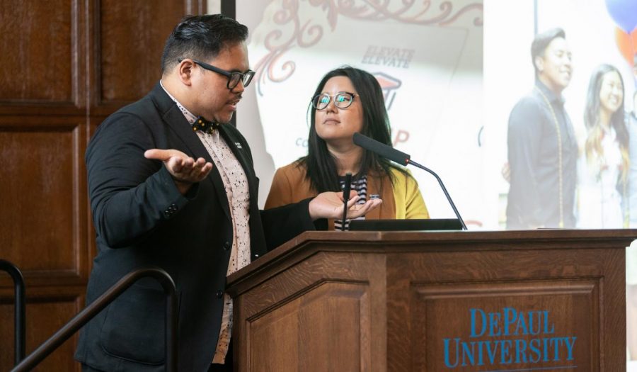 APIDA Center Coordinator Eva Long and former Assistant Director of Identity Conscious Support Programs Mark Anthony Florido speaking at Grace Lee Boggs Heritage Breakfast.