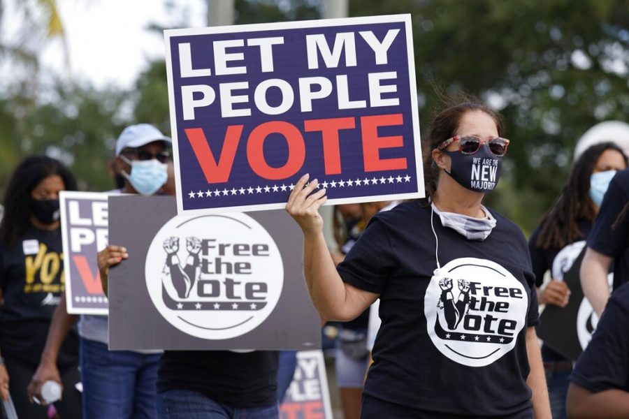 Supporters of restoring Florida felons voting rights march to an early voting precinct, Saturday, Oct. 24, 2020, in Fort Lauderdale, Fla. The Florida Rights Restoration Coalition led marches to the polls in dozens of Florida counties. (AP Photo/Marta Lavandier)