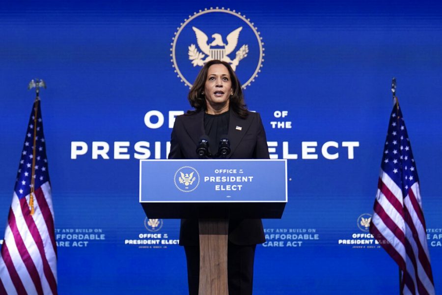 Vice President-elect Kamala Harris speaks at The Queen theater, Tuesday, Nov. 10, 2020, in Wilmington, Del. (AP Photo/Carolyn Kaster)