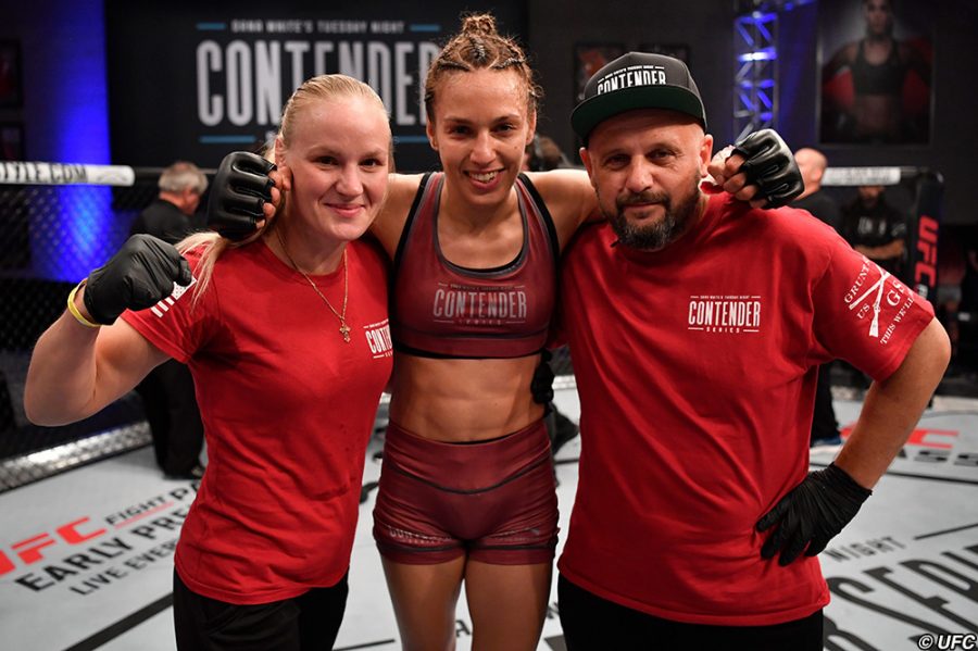 LAS VEGAS, NV - JUNE 26:  Antonina Shevchenko of Kyrgyzstan celebrates after her victory over Jaimee Nievera in their womens flyweight bout during Dana Whites Tuesday Night Contender Series at the TUF Gym on June 26, 2018 in Las Vegas, Nevada. (Photo by Jeff Bottari/DWTNCS LLC)