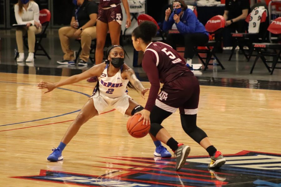 DePaul junior guard Maya Stovall guards a Texas A&M player on Saturday at Wintrust Arena. 