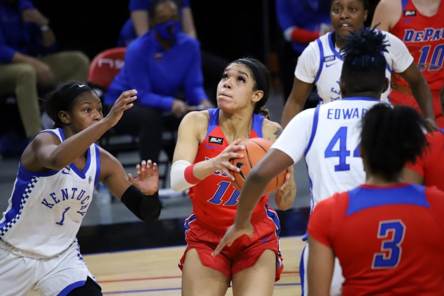 DePaul junior guard Sonya Morris goes up for a layup against Kentucky on Wednesday.