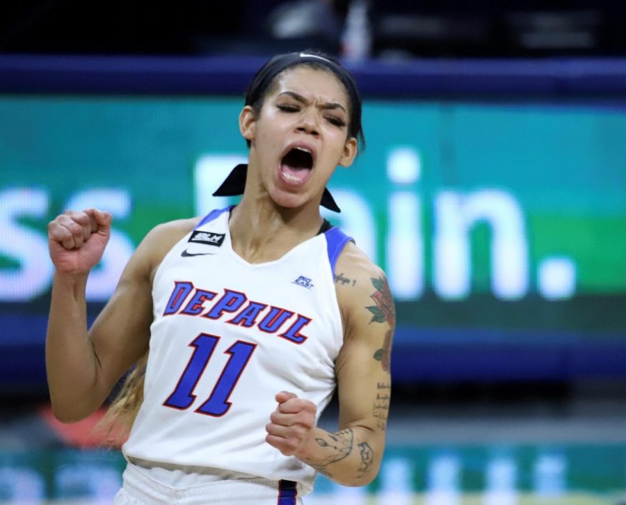 DePaul+junior+guard+Sonya+Morris+celebrates+after+a+play+against+Georgetown+on+Saturday+at+Wintrust+Arena.