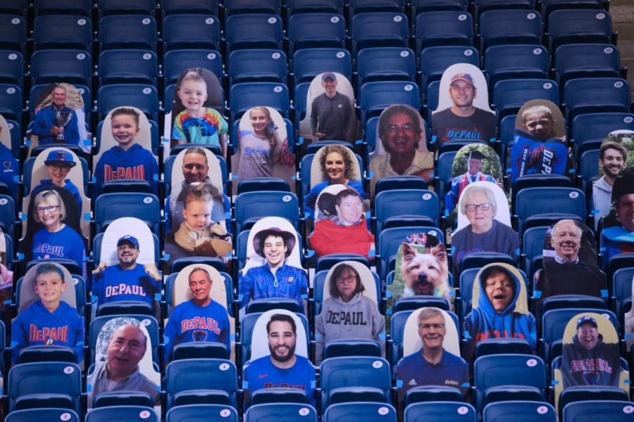 The ball is thrown in the air to start the game between DePaul and Villanova on Jan. 4 at Wintrust Arena.
Caption: DePaul has put in cardboard cutouts of fans for home games this season.