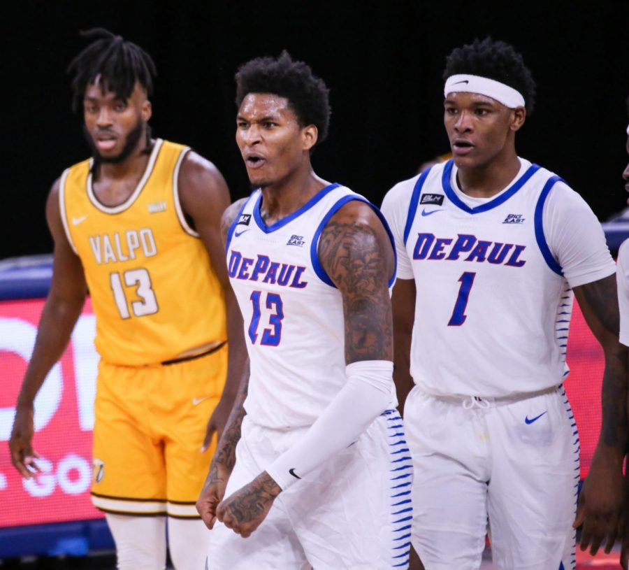 DePaul junior forward Darious Hall celebrates during the Blue Demons' 77-58 win over Valparaiso on Saturday at Winturst Arena.