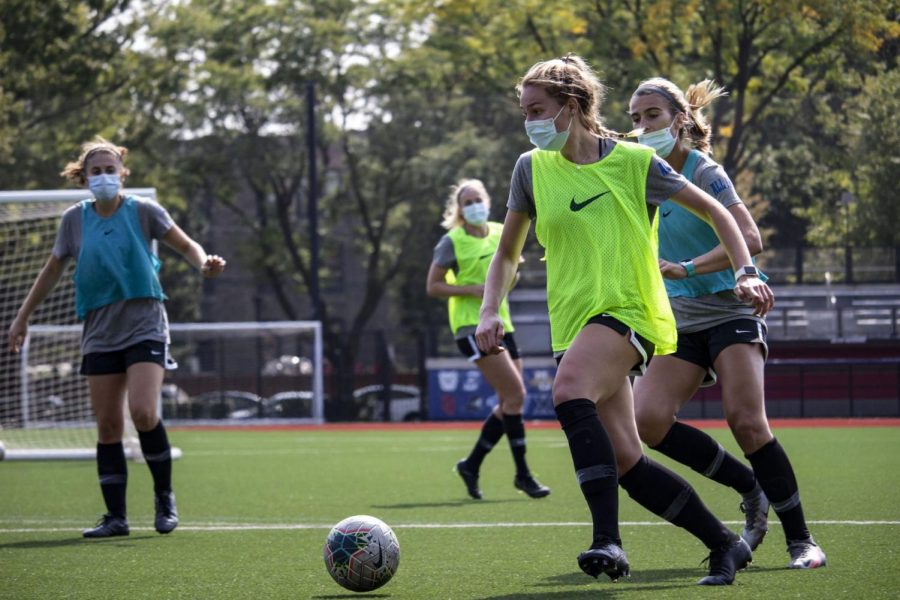 The DePaul women’s soccer returned to practice in August, but must wear masks during all of their workouts.