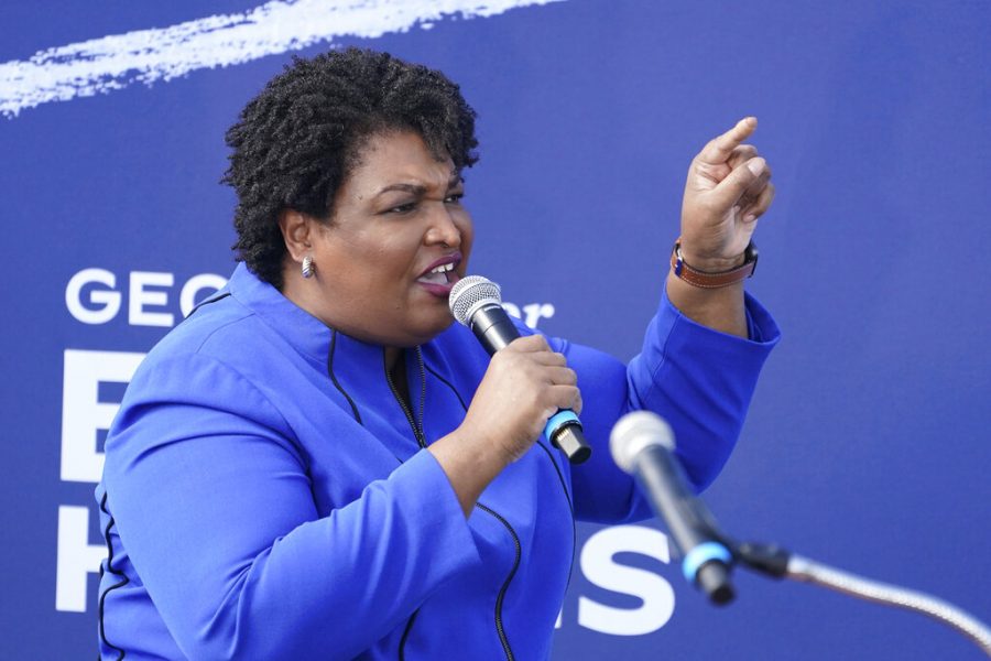FILE - In this Nov. 1, 2020 file photo, former candidate for Georgia Governor Stacey Abrams speaks during a rally for then Democratic vice presidential candidate Sen. Kamala Harris, D-Calif., in Duluth, Ga. Belarusian opposition figures, Hong Kong-pro-democracy activists, the global Black Lives Matter movement, a jailed Russian opposition leader and two former White House senior advisers are among this years nominations for the Nobel Peace Prize. (AP Photo/John Bazemore, File)