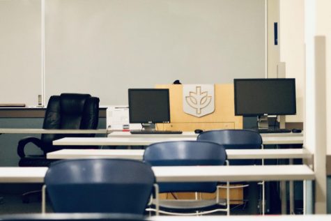 An empty classroom set aside for socially distanced learning at DePaul's Loop campus.