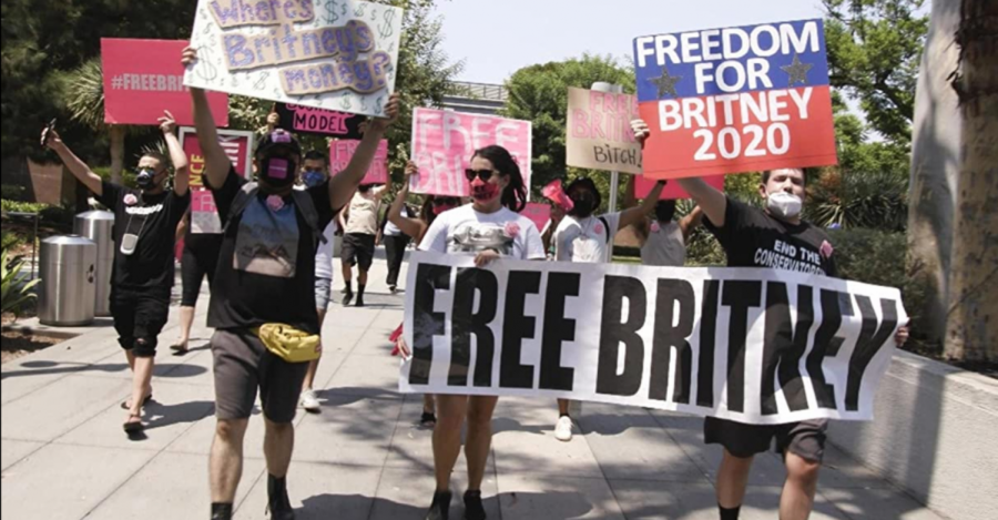 Supporters of Britney Spears protest her conservatorship, as depicted in Framing Britney Spears.