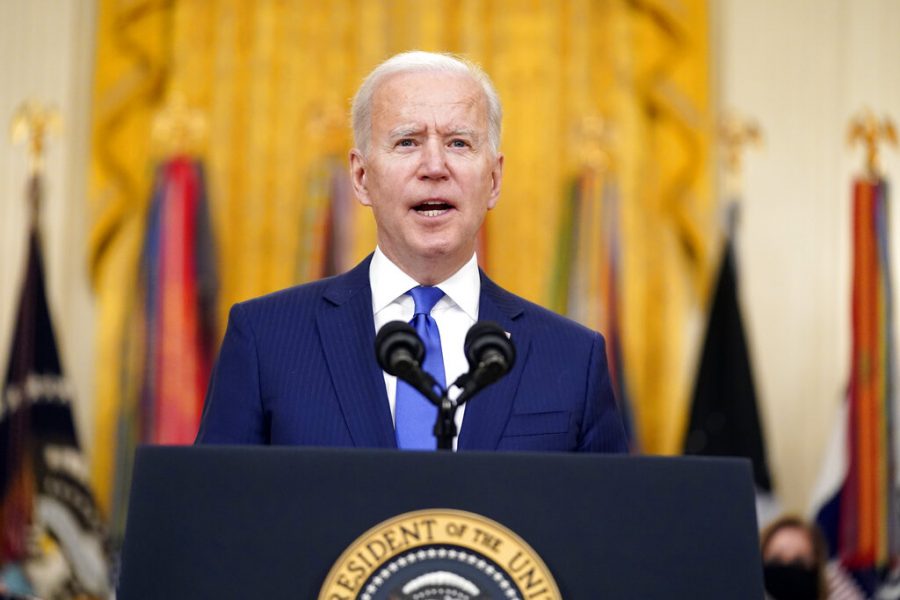 President Joe Biden speaks during an event to mark International Womens Day, Monday, March 8, 2021, in the East Room of the White House in Washington. (AP Photo/Patrick Semansky)