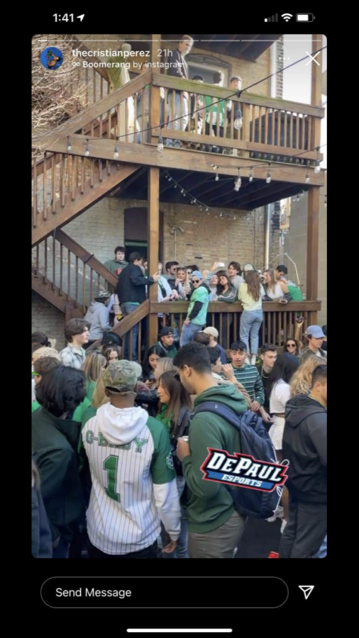 A large crowd gathers at a St. Patricks Day party attended by DePaul students.