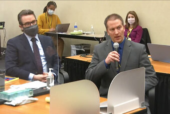 FILE - In this April 15, 2021, file image from video, defense attorney Eric Nelson, left, and former Minneapolis police Officer Derek Chauvin address Judge Peter Cahill at the courthouse in Minneapolis during Chauvins trial in the death of George Floyd. (Court TV via AP, Pool, File)