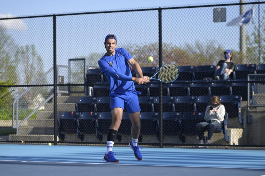 DePaul+senior+Luke+Wassenaar+gets+ready+to+hit+the+tennis+ball+during+a+match+against+Illinois+on+Friday.+The+Blue+Demons+lost+4-1+in+the+first+round+of+the+NCAA+Tournament.+