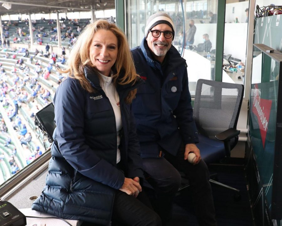  Beth Mowins and Jim Deshaies take a picture together during the Cubs’ game against the Pirates at Wrigley Field. 