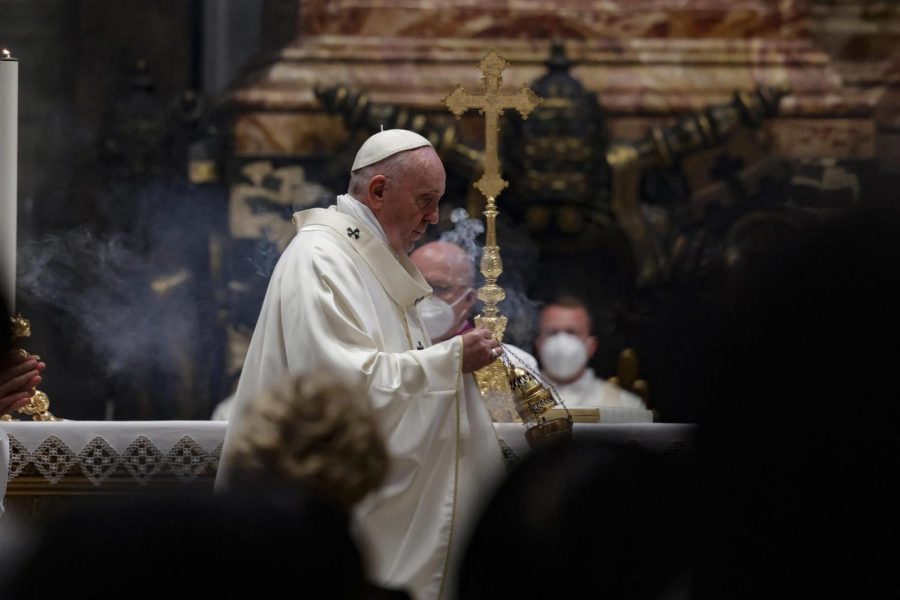 Pope Francis celebrates Mass on the Solemnity of the Most Holy Body and Blood of Christ, in St. Peters Basilica at the Vatican, Sunday, June 6, 2021