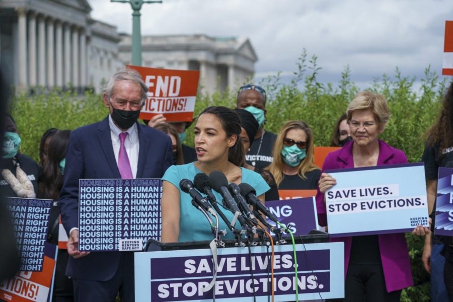 Rep. Alexandria Ocasio-Cortez, D-N.Y., speaks as she is joined by, from left, Sen. Ed Markey, D-Mass., Sen. Elizabeth Warren, D-Mass., and other progressive lawmakers to advocate for reimposing a nationwide eviction moratorium that lapsed last month, at the Capitol in Washington, Tuesday, Sept. 21, 2021. AP PHOTO