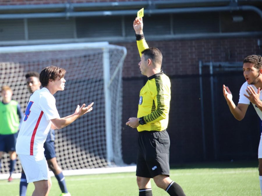 Two+DePaul+soccer+players+argue+a+yellow+card+decision+on+Sunday+at+Wish+Field.