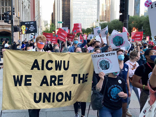 Art Institute employees and supporters gather outside the museum to advocate for the unionization movement on Sept. 9, 2021. (Courtesy of art institute of chicago Workers United Facebook)
