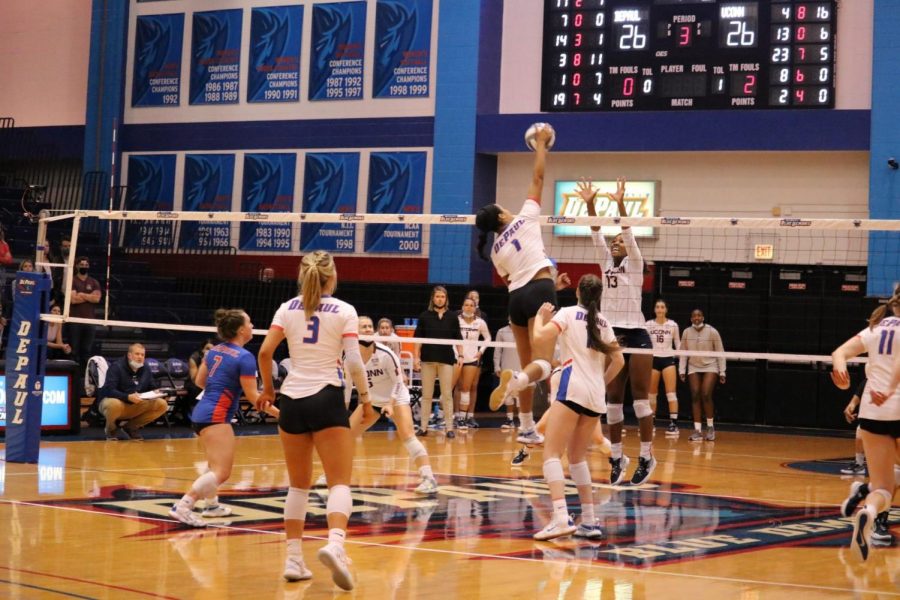 Brown going for a kill against UConn at McGrath-Phillips Arena. 