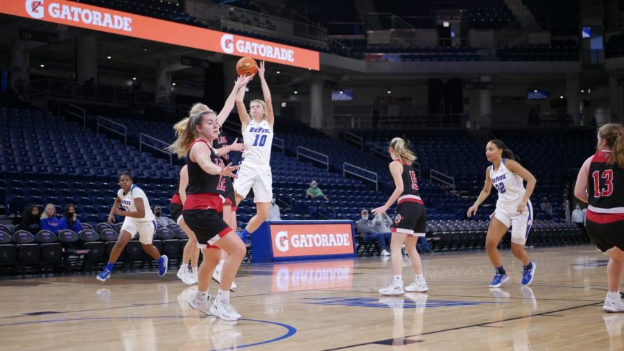 DePaul senior guard Lexi Held drills a 3-pointer against Lewis at Wintrust Arena Thursday night.