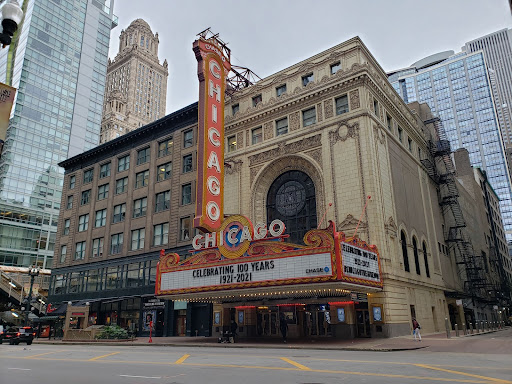 The Chicago Theater displays “Celebrating 100 Years 1921-2021” on its marquee. 