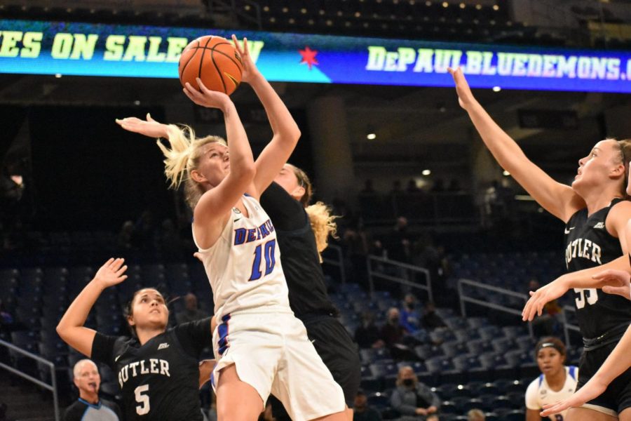 DePaul womens basketball guard Lexi Held jumping for a shot in DePauls 101-64 win over Butler on Dec. 3. 