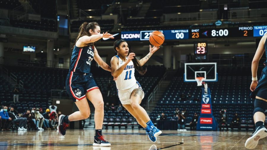 Sonya Morris looks to drive to the paint versus UConn Wednesday night at Wintrust Arena.