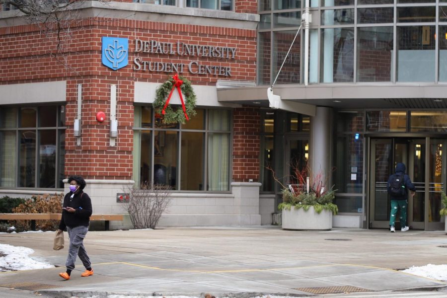 Students walking in and out of DePaul's student center, which houses the Lincoln Park Counseling Center.