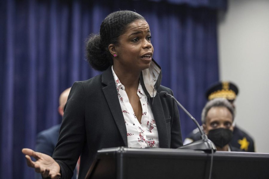 Cook County State Attorney Kim Foxx speaks during a Chicago Police Department press conference in Bronzeville on Jan. 26, 2022. Foxx also participated in a press conference with DePaul student media on Feb. 17, 2022. (AP | Pat Nabong/Chicago Sun-Times via AP)