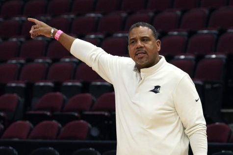 Providence head coach Ed Cooley conducts practice for the NCAA mens college basketball tournament Thursday, March 24, 2022, in Chicago. Providence faces Kansas in a Sweet 16 game on Friday