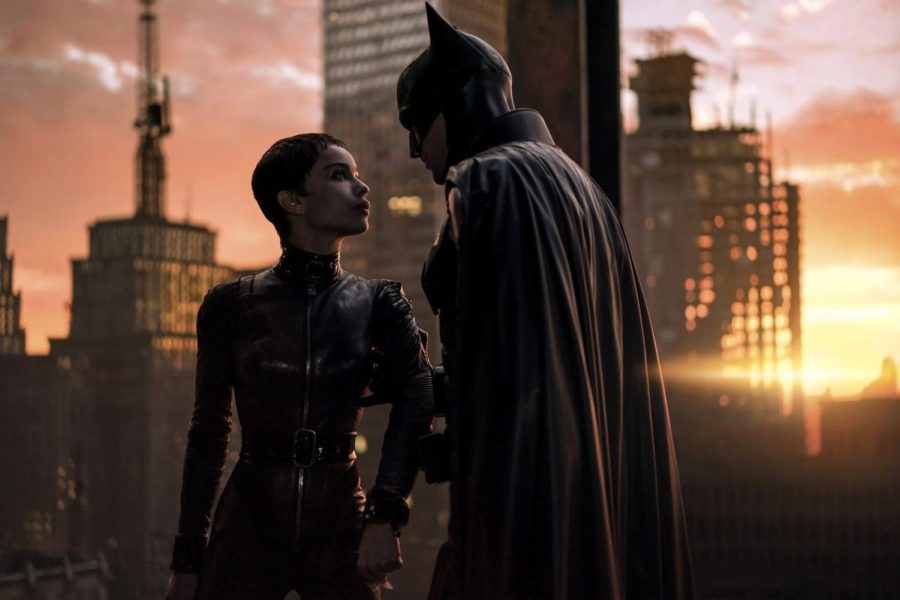 Pictured here is Batman played by Robert Pattinson and Selina Kyle played by Zoë Kravitz.