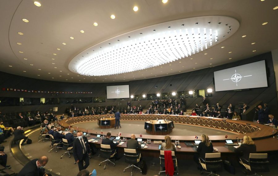 NATO defense ministers attend a round table meeting of the North Atlantic Council at NATO headquarters in Brussels, Wednesday, Feb. 16, 2022. (AP Photo/Olivier Matthys)